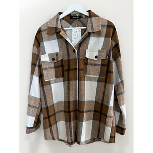 NWT Automet Plaid Shacket Brown White Checkered Button Down Shirt‎ Jacket Small